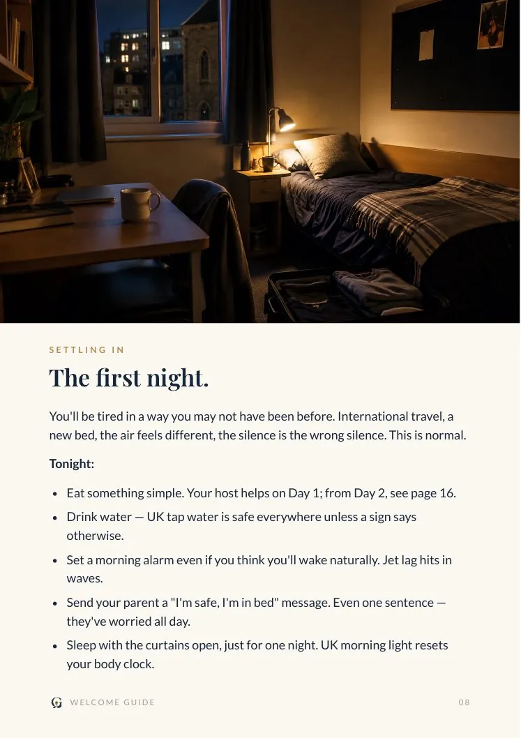 Inside the Welcome Guide — the first-night page with a photo of a settled student room