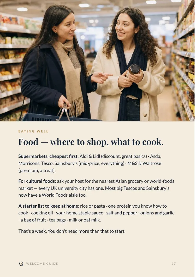 Inside the Welcome Guide — the food page: where to shop and what to cook, with a supermarket photo